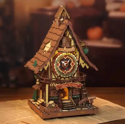 ROKR Cuckoo Clock 3D Wooden Puzzle Kit with LED Light & Hourly Chime - DIY Mechanical Model