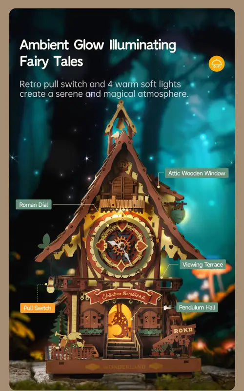 ROKR Cuckoo Clock 3D Wooden Puzzle Kit with LED Light & Hourly Chime - DIY Mechanical Model