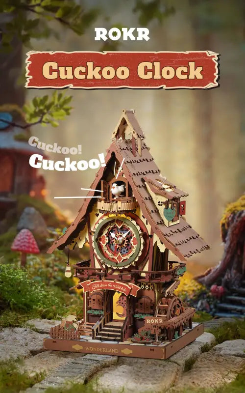 ROKR Cuckoo Clock 3D Wooden Puzzle Kit with LED Light & Hourly Chime - DIY Mechanical Model