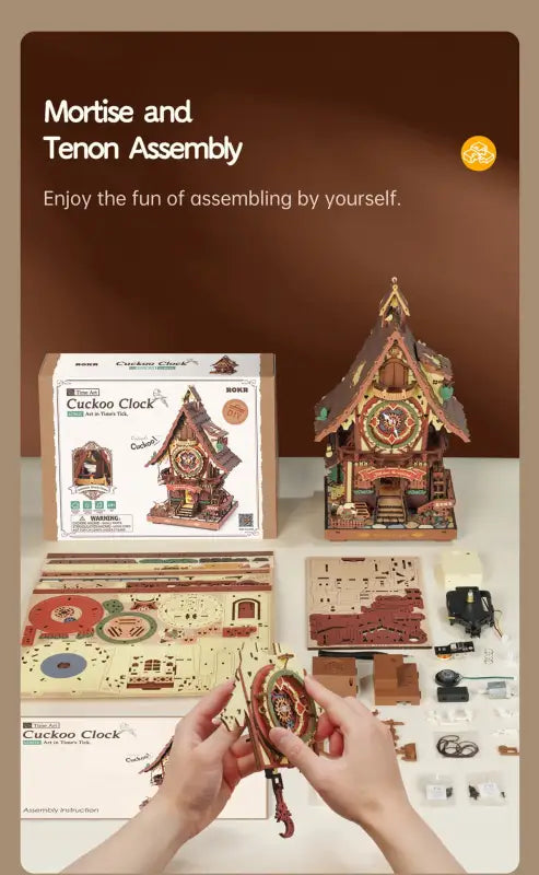 ROKR Cuckoo Clock 3D Wooden Puzzle Kit with LED Light & Hourly Chime - DIY Mechanical Model